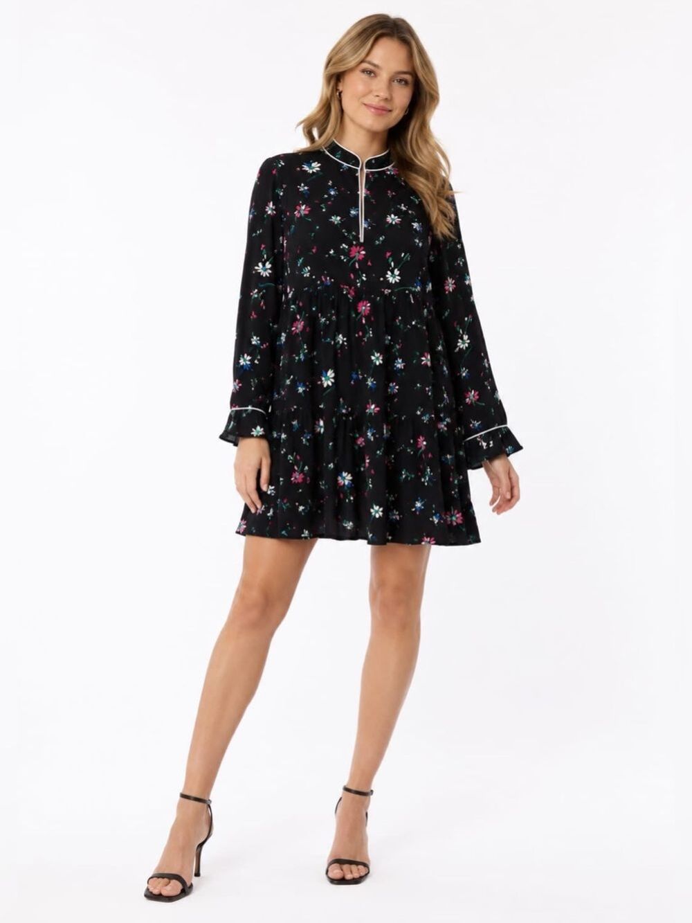 Maje Black Floral Tiered Mini Dress White Contrast Trim Hidden Side Zip Size 3
